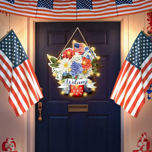 Wayyogh 4th of July Door Sign 11.4in Wooden Flag Flower Wreath Red Blue
