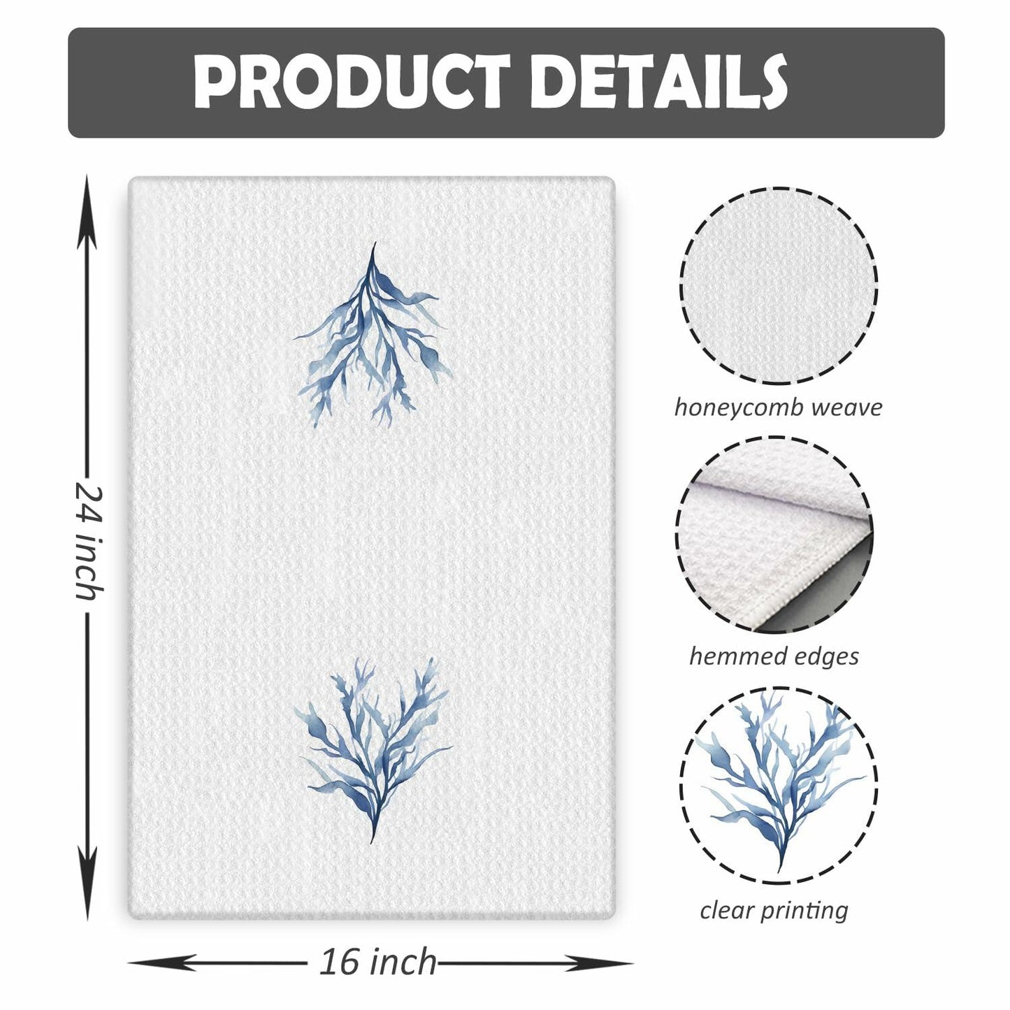 COWEB Coastal Beach Kitchen Towels Set of 4 Blue Coral Hand Towels 16x24in