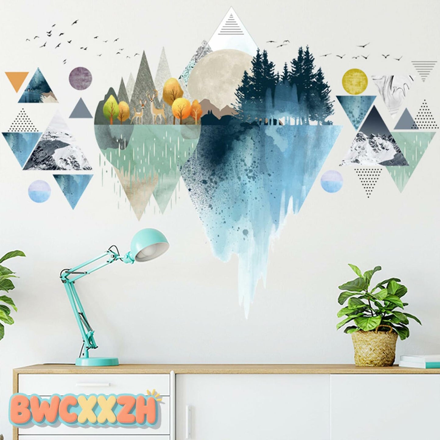 Nordic Geometric Mountain Reflection Wall Stickers Removable Blue Vinyl