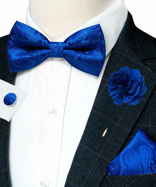 RBOCOTT Royal Blue Paisley Bow Tie Pocket Square Lapel Pin Cufflinks One Size
