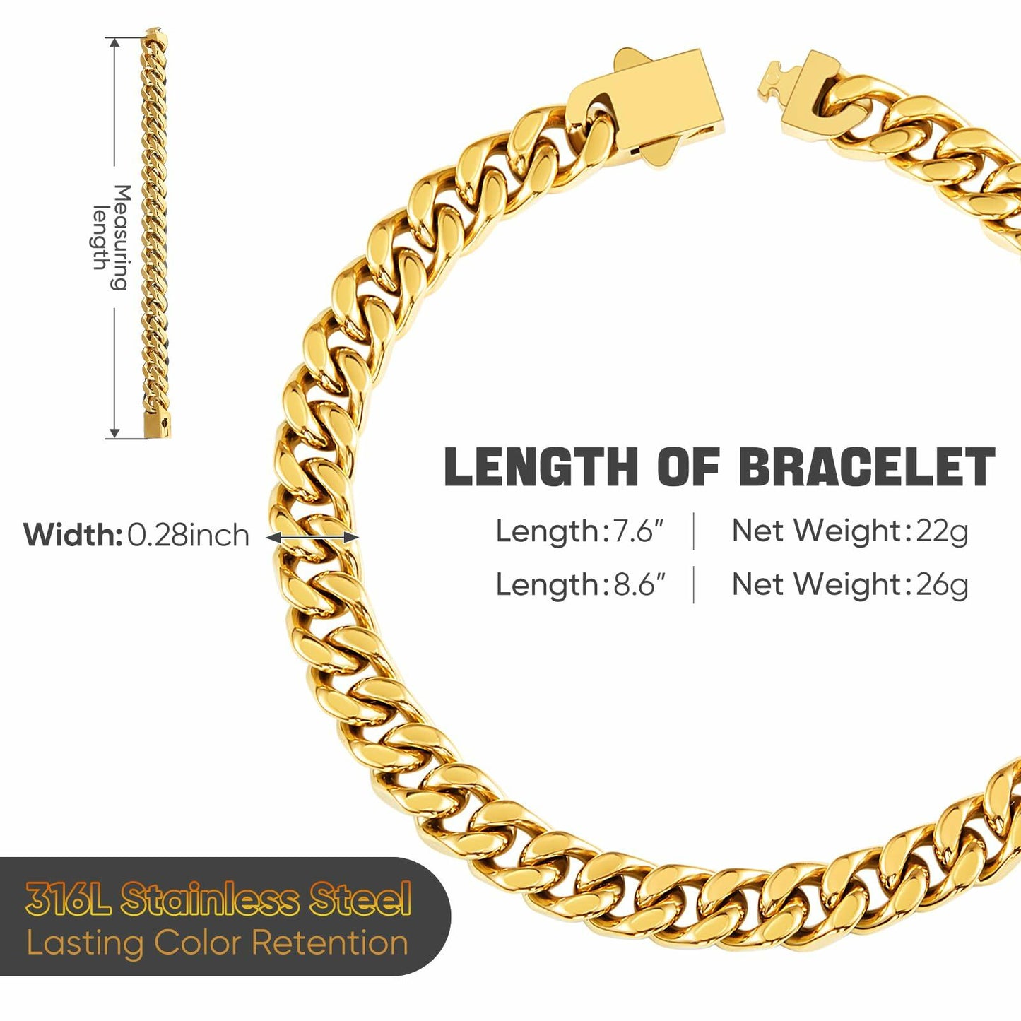 Kindoo Stainless Steel Cuban Link Bracelet 7mm Gold 8.6in