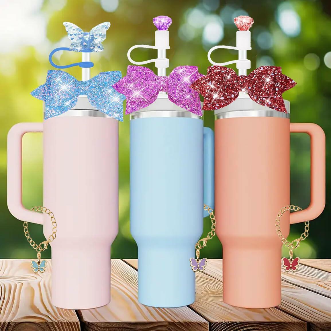 RNFVJH 6 Pcs Pink Butterfly Bow Ties Diamond & Butterfly Straw Toppers