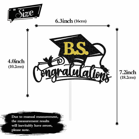 RLXPT Congrats Grad Cake Topper 2025 Black Gold Glitter B.S. Graduation