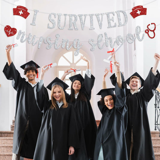 RLXPT I Survived Nursing School Banner Silver Red Congrats Nurse RN Grad 2025