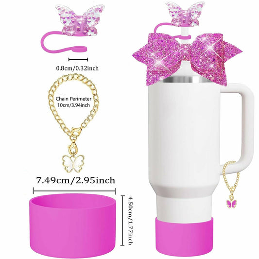 RNFVJH 6 Pcs Pink Butterfly Bow Ties Diamond & Butterfly Straw Toppers