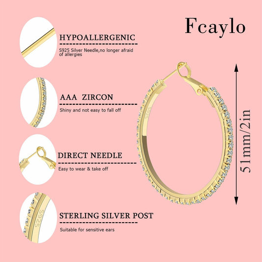 fcaylo 925 Sterling Silver Gold Hypoallergenic Lightweight Hoop Earrings 40mm