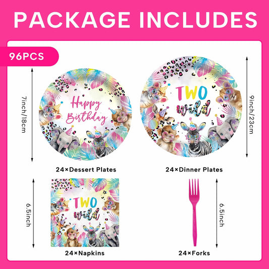 JINHUPANDER Two Wild Birthday Plates & Napkins Safari Animal 96pcs Set Serves 24