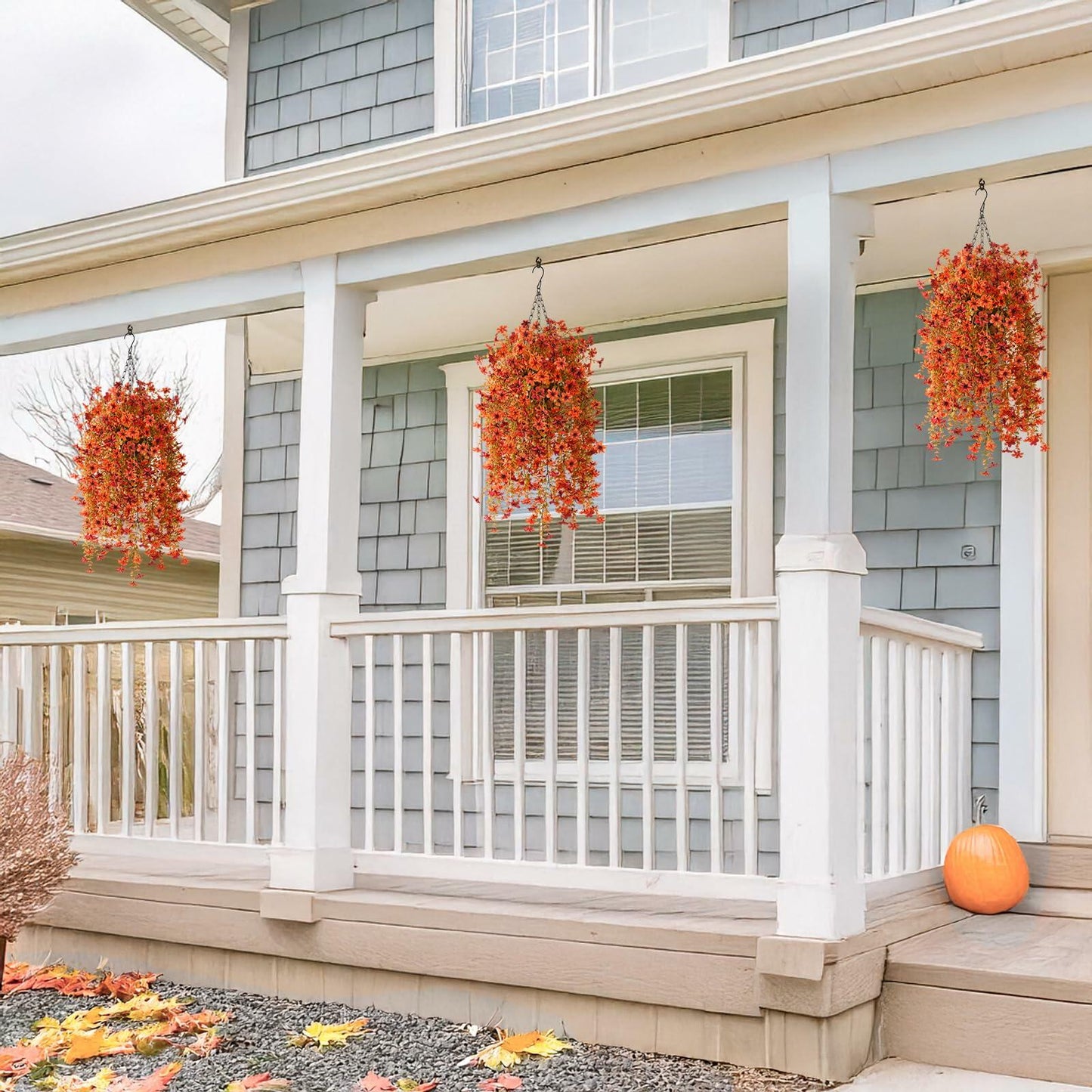 INQCMY Faux Mums Silk Flowers with Autumn Leaves Orange Red 2PCS Outdoor Decor