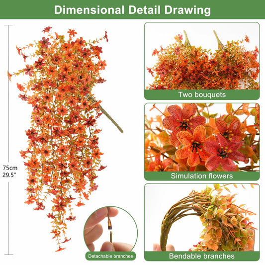 INQCMY Faux Mums Silk Flowers with Autumn Leaves Orange Red 2PCS Outdoor Decor