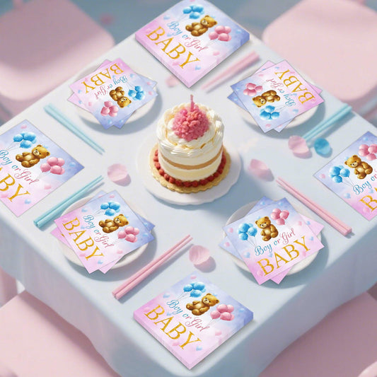 Litmitfu Baby Gender Reveal Napkins 3-Ply Bear Pink Blue 40 Pcs