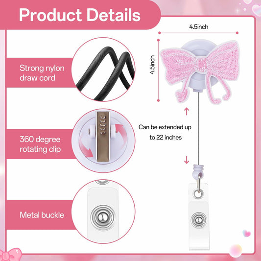 Kimoli Embroidery Pink Bow Nurse Badge Reel Retractable Pink Clip