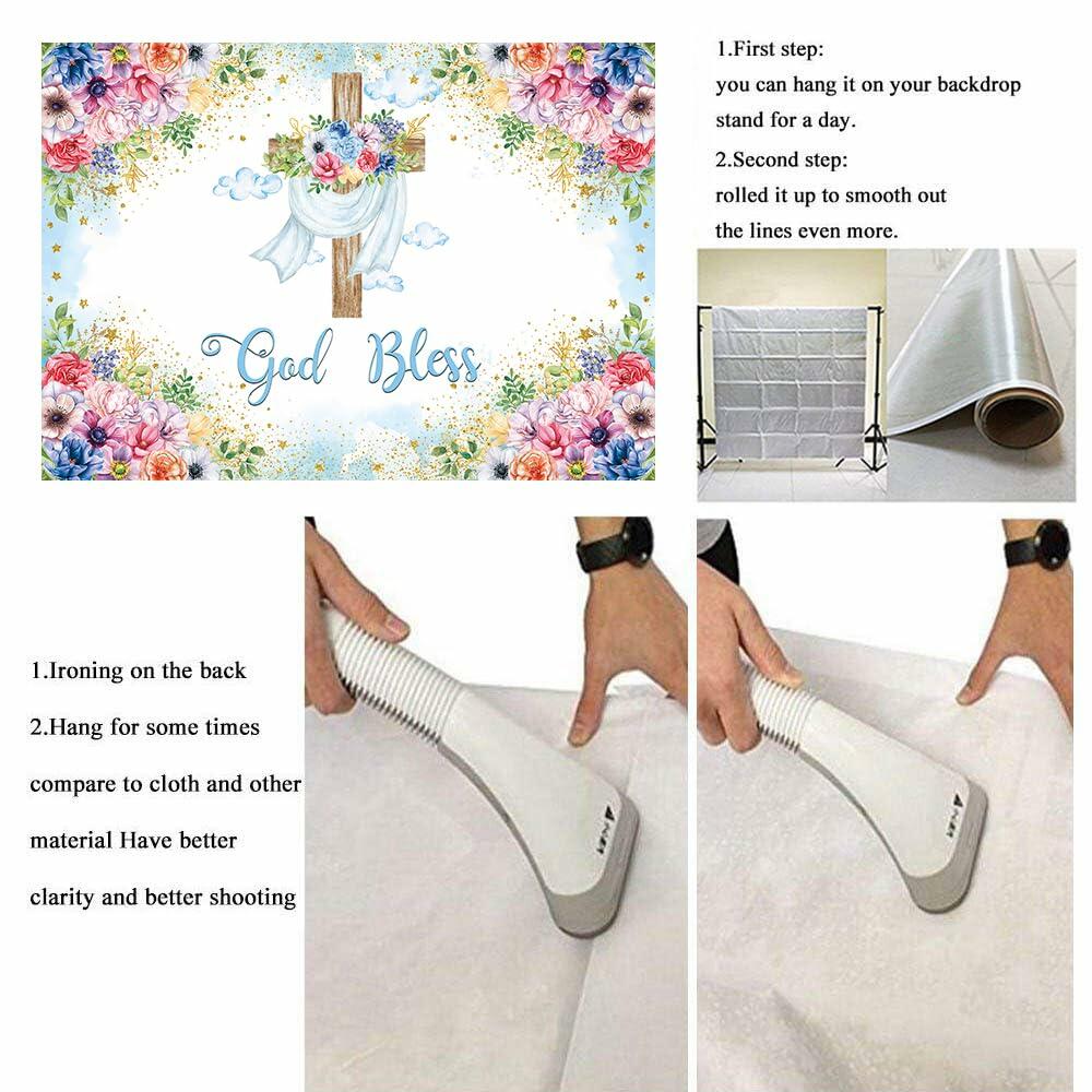 God Bless Backdrop Boy Blue Floral Baptism Party Decoration 7x5FT