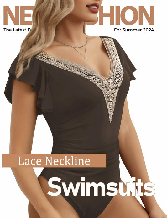 Buauty Womens One Piece Swimsuit Tummy Control Deep V Lace Ruffle Coffee Size XL