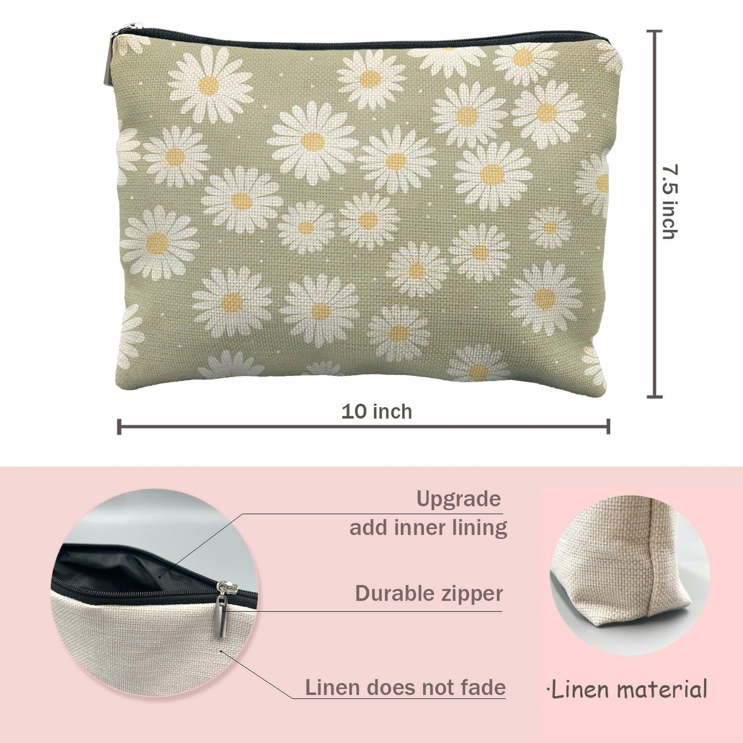 Likjad Sage Green Linen Cosmetic Bag Daisy Decor