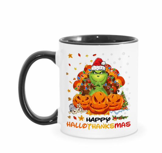 AdamLongStore Happy Hallothanksmas Fall Accent Mug 11oz White/Black