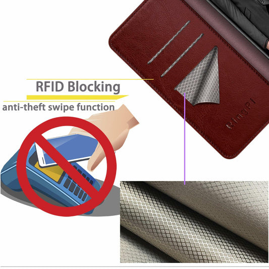 RingPi Moto G 5G 2024 Leather RFID Wallet Case Brown 3 Card Slots
