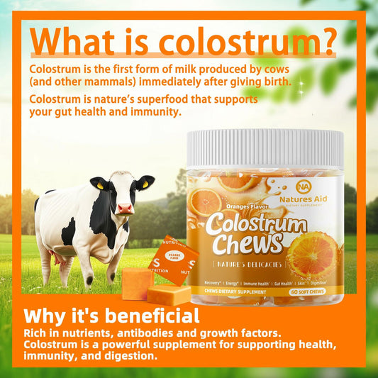 BestBy12/26 Natures Aid Colostrum Chews Probiotics Gut Health Orange 60 Sv