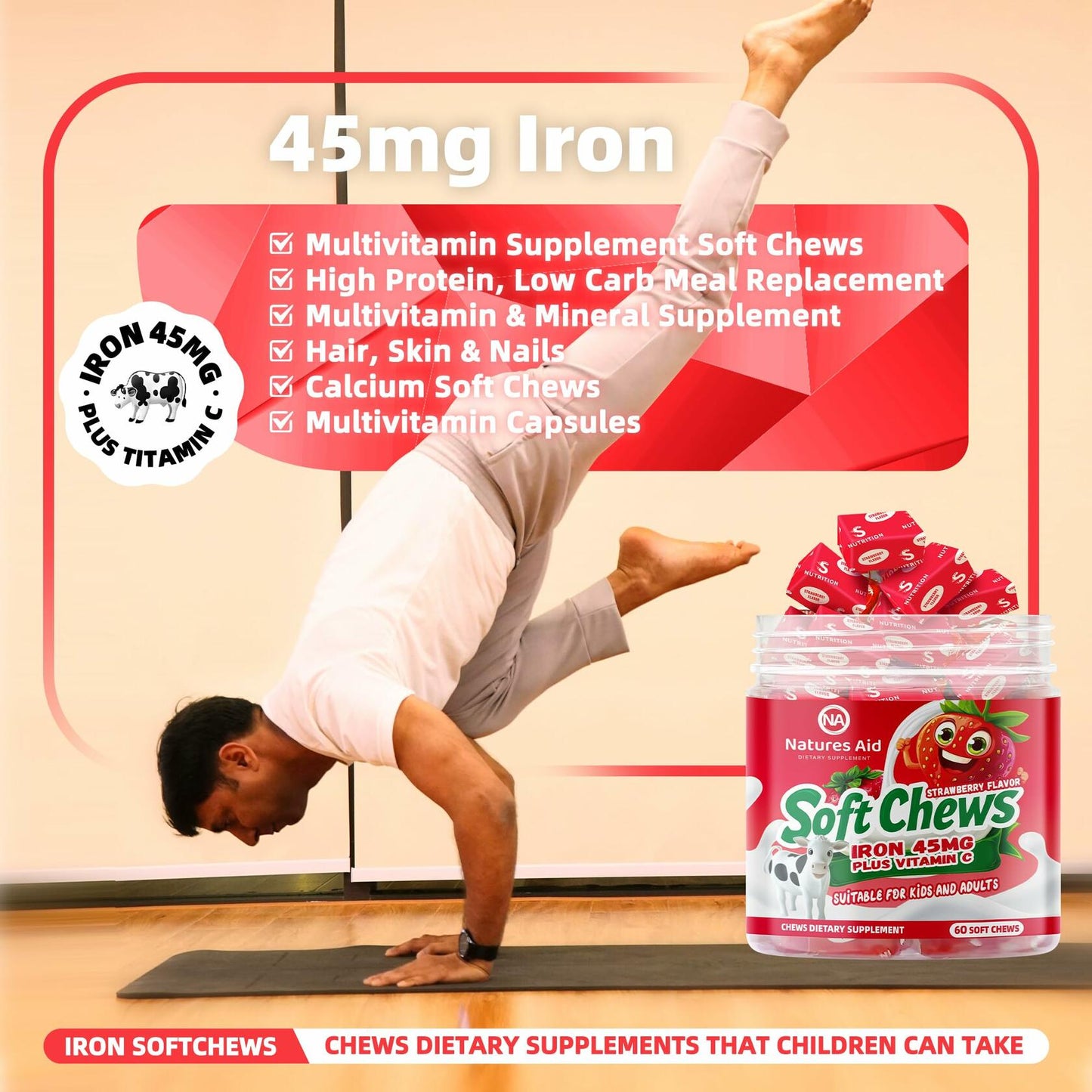 BestBy12/25 Natures Aid Chewable Iron Supplement Strawberry Flavor 2Month Supply