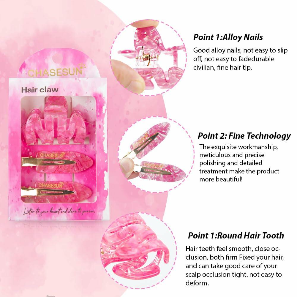 CHASESUN Pink Hair Claw Clips Set 3 Pcs Acetate Solid Pattern