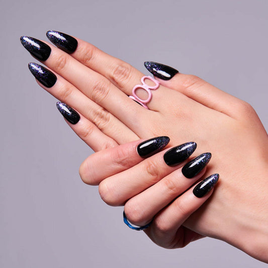 GLAMERMAID Press On Nails Medium Almond Black Glitter French Tips Set