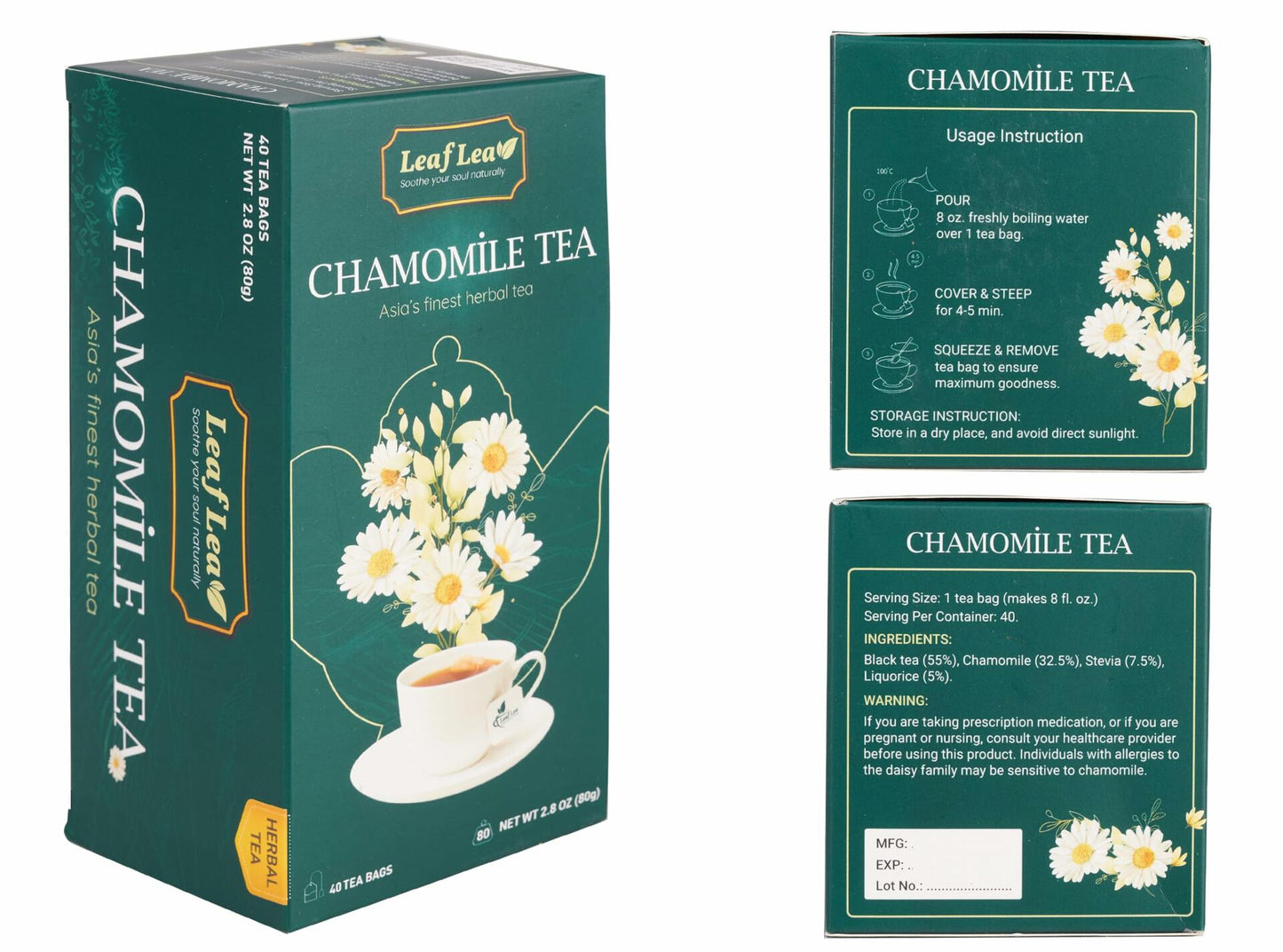 LeafLea Black Tea with Chamomile, Natural, Gluten-Free, Vegan, 40 Bags