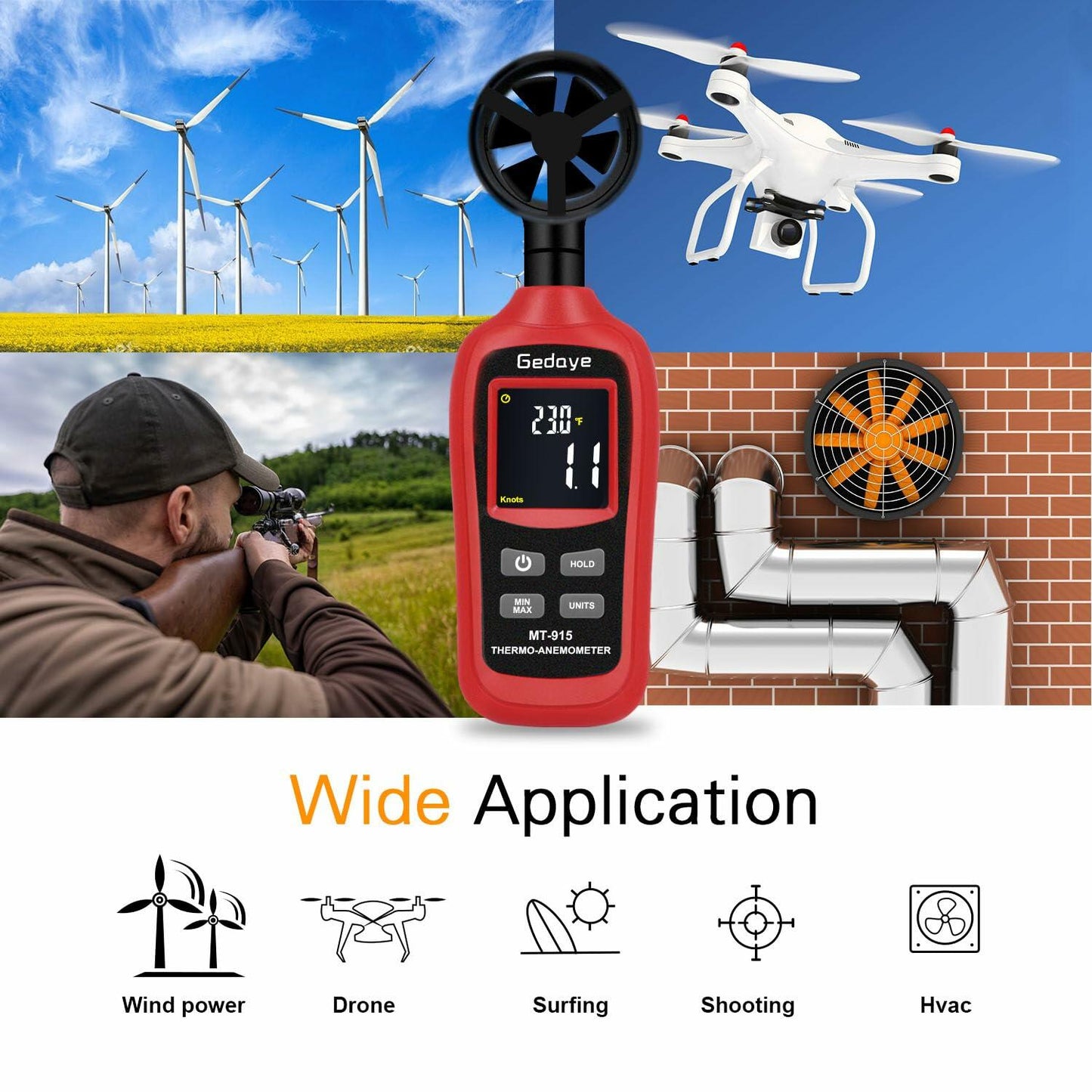 Gedaye Handheld Digital Anemometer Wind Speed Meter Temperature Max Min