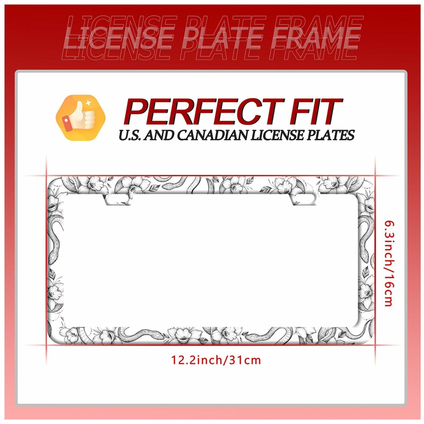 Snake Flowers Stainless Steel License Plate Frame 12.2x6 Inches US CA
