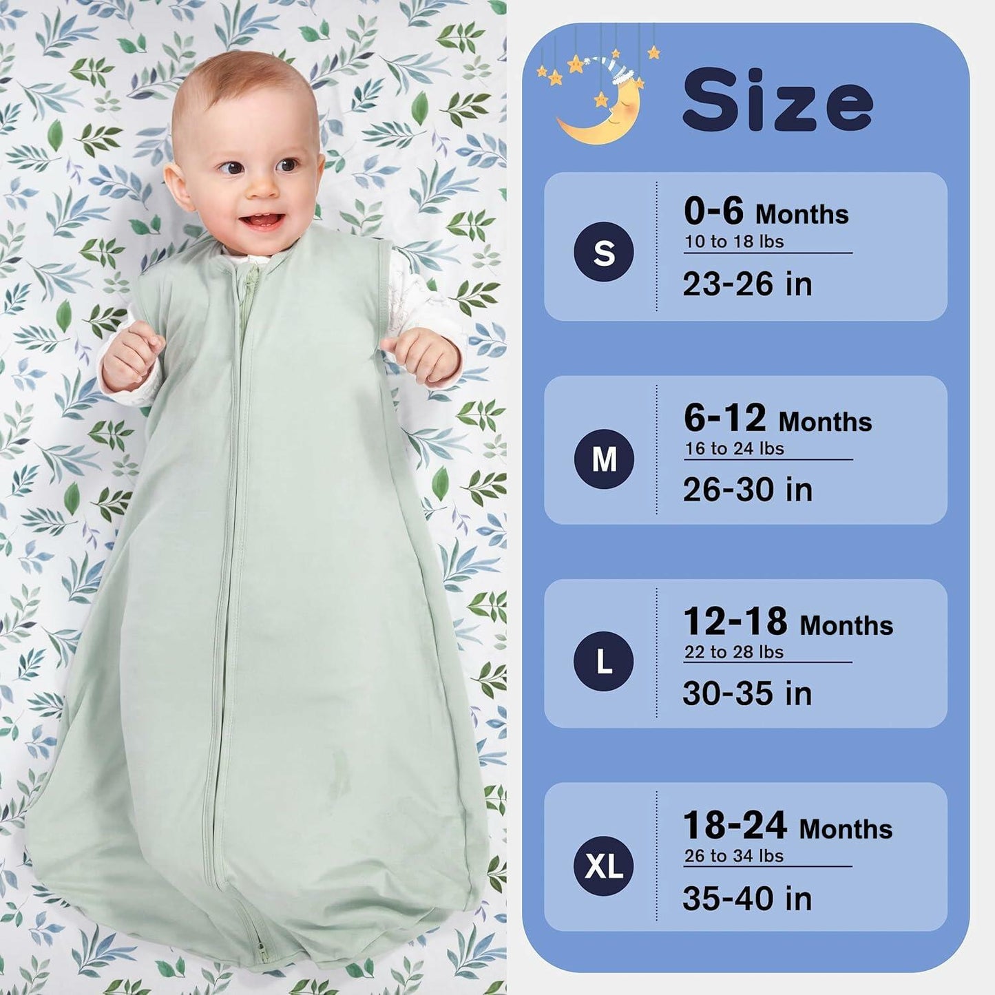 GUNTAIL Baby Sleep Sack 100% Rayon Cotton 2-Way Zipper Soft Lightweight Green L