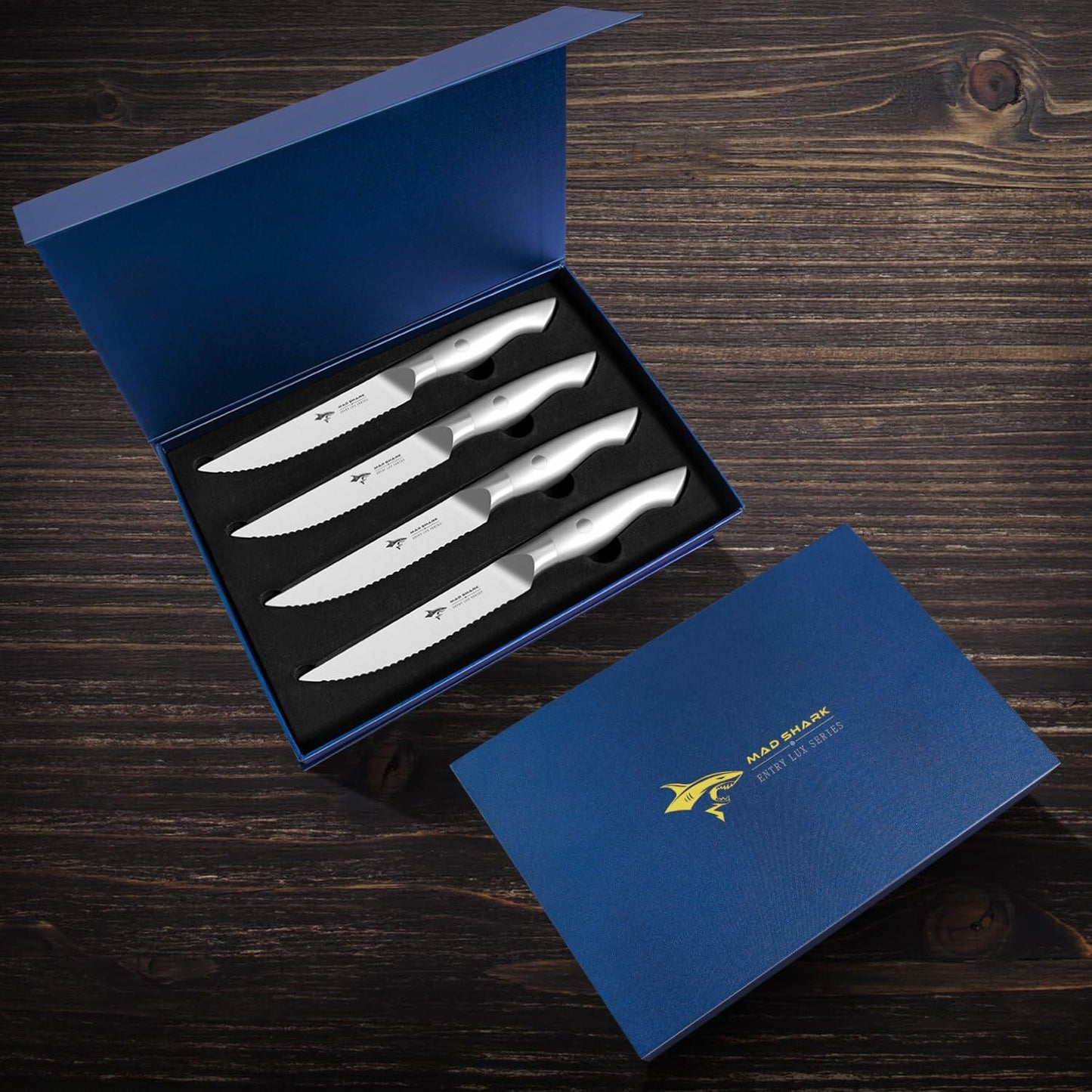 MAD SHARK Steak Knife Set 4 German Molybdenum Steel Razor Sharp Silver