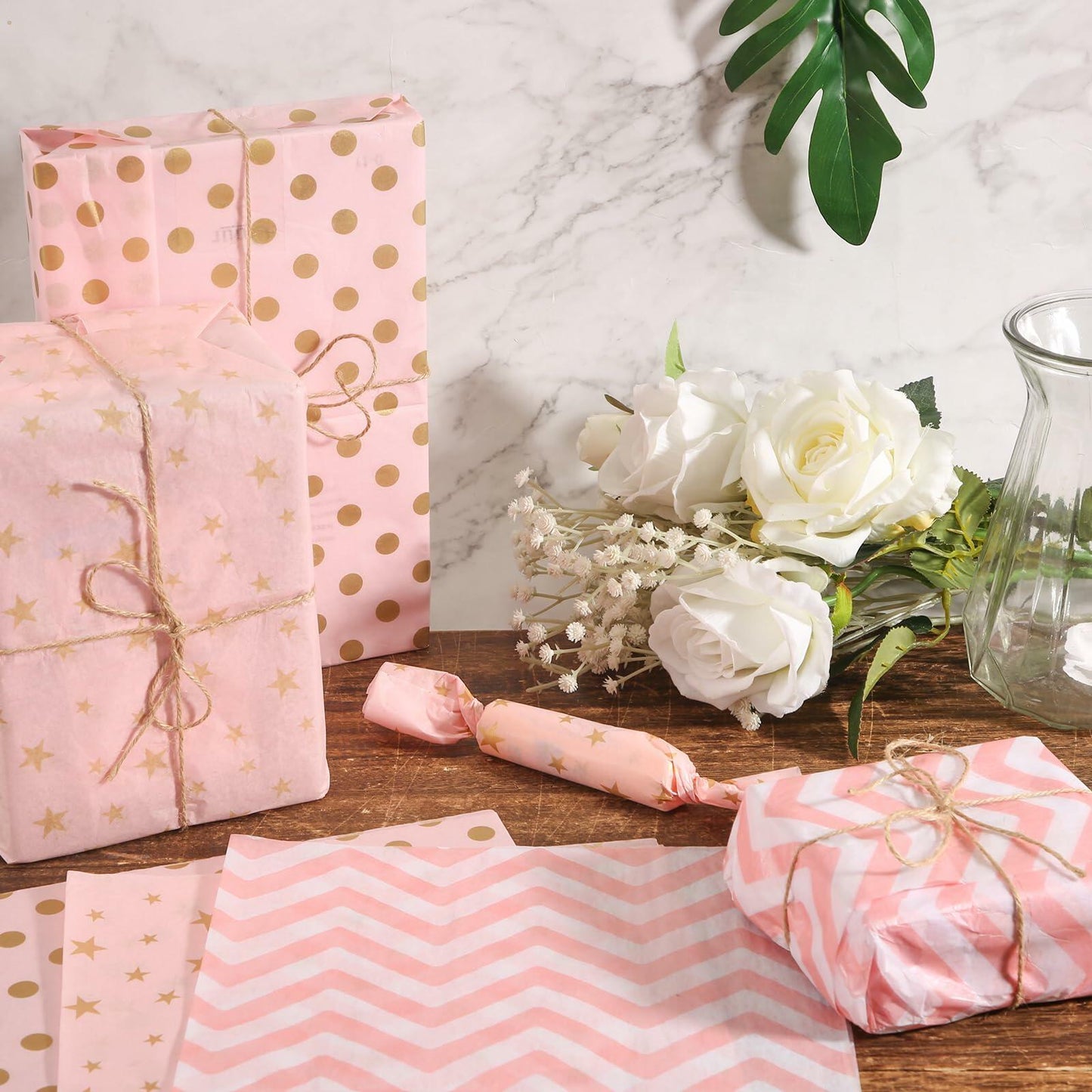 30 Sheets Light Pink Tissue Paper 19.6x13.7in Star Dot Wavy Gift Wrap