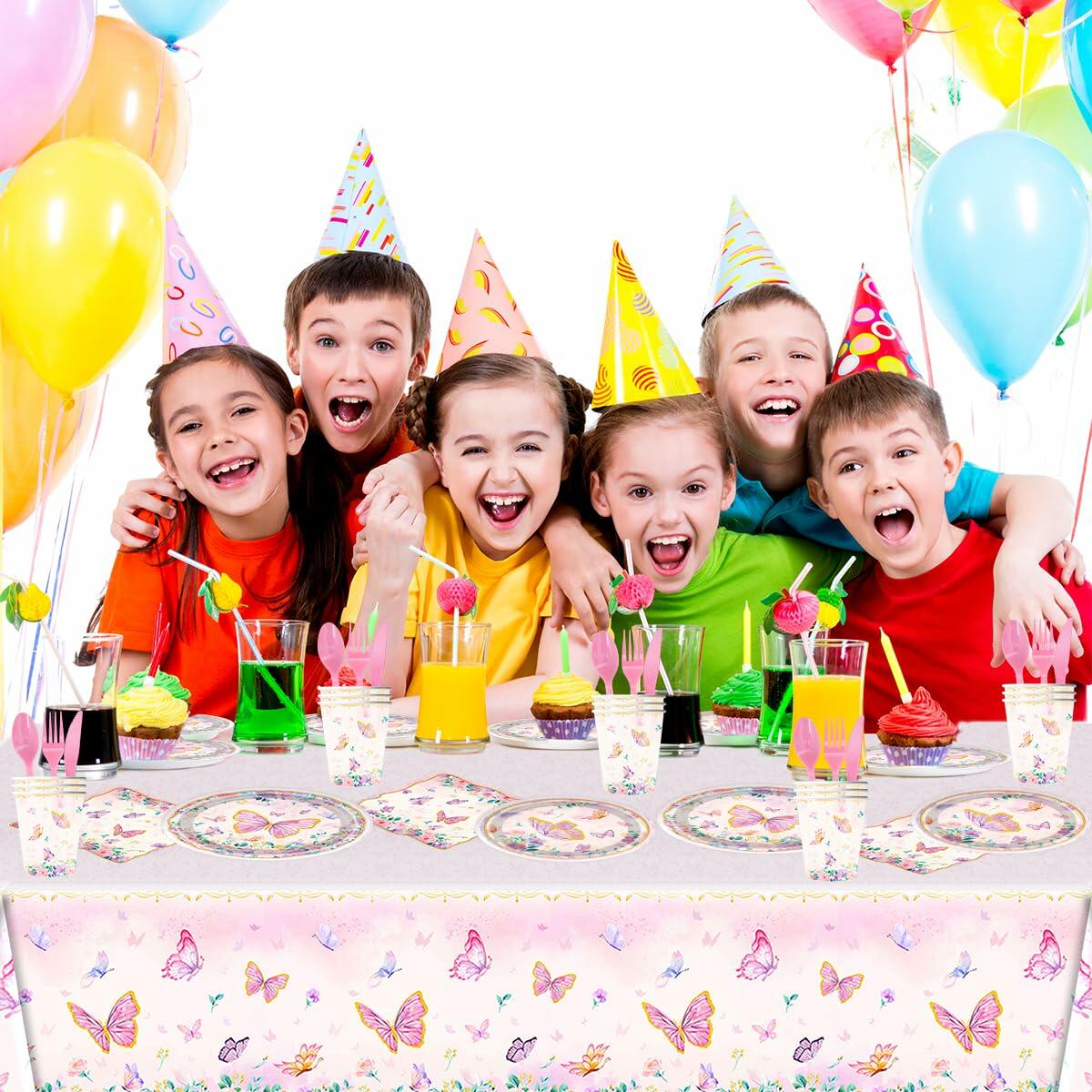 OU RUI 81Pcs Pink Butterfly Party Tableware Set Plates Napkins Tablecloth