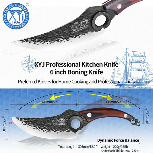 XYJ Forged Boning Knife Carbon Steel Full Tang Coffee w/ Sheath