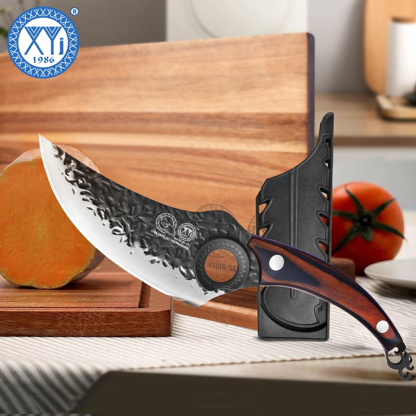 XYJ Forged Boning Knife Carbon Steel Full Tang Coffee w/ Sheath