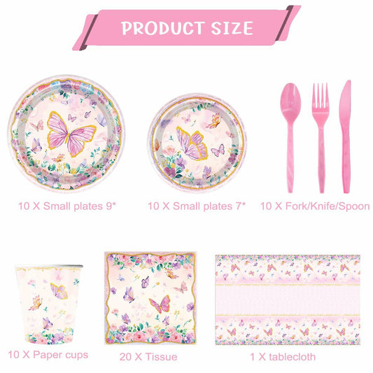 OU RUI 81Pcs Pink Butterfly Party Tableware Set Plates Napkins Tablecloth