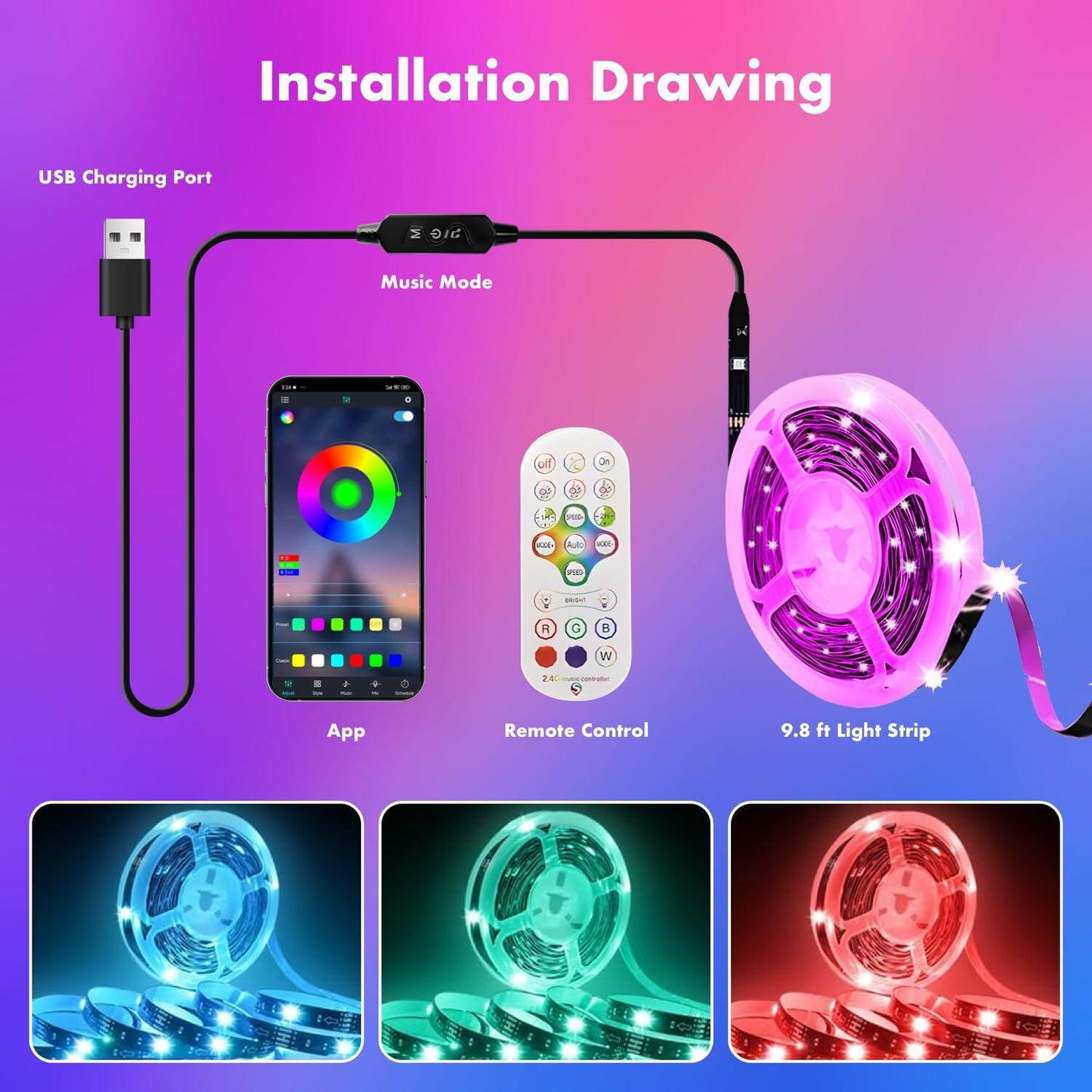 DTQJ RGB LED TV Backlight Strip 13.1ft USB Music Sync Bluetooth Remote