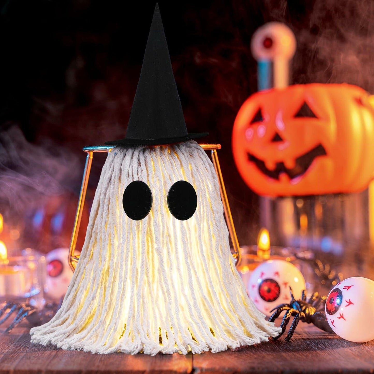 RoundFunny 12in Light Up Boho Ghost Halloween Decoration Witch Hat Black White