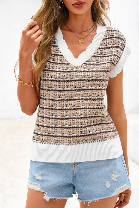 CFLONGE Women's Sleeveless Striped Crochet Knit Sweater Vest Khaki Size XL