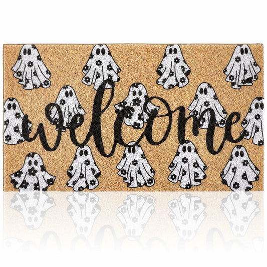 Dunzy Halloween Ghost Welcome Doormat Black Brownish Yellow 17x29 Rectangular