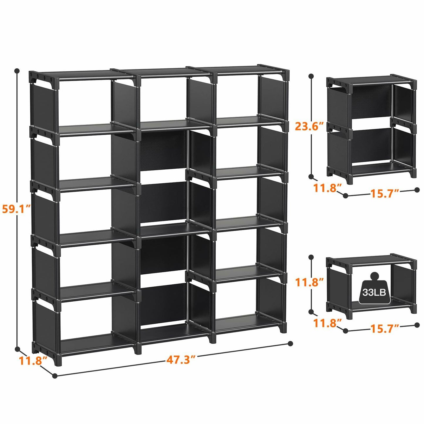 REIBII 13 Cube Storage Organizer Book Shelf Grey 12"D x 47.24"W x 59.05"H