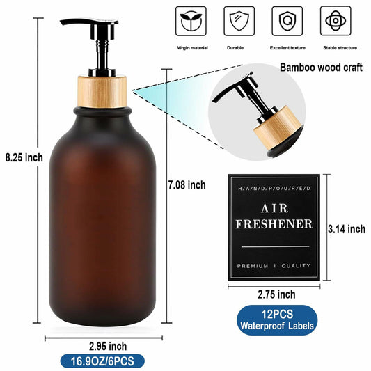 Amorettise Black Plastic Soap Dispenser Bottles 16.9oz 6 Pack Bamboo Pump