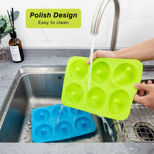 QIKOKU 2 Pack Silicone 6-Cavity Donut Pan Mold Nonstick Blue Green