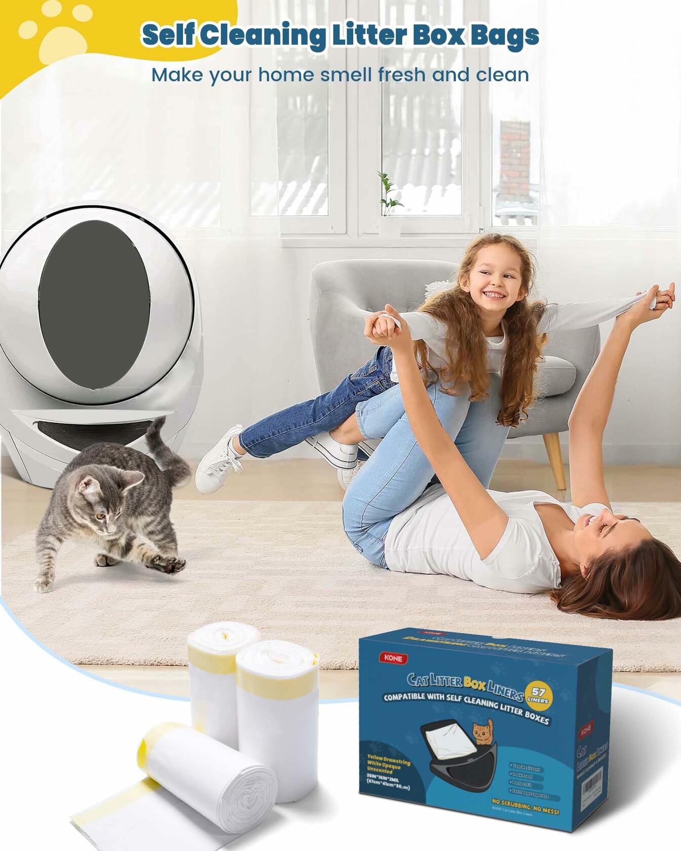 KONE Cat Litter Bags Robot 3/4 Drawstring 2 mil Thick 57 Count 5-9 Gal