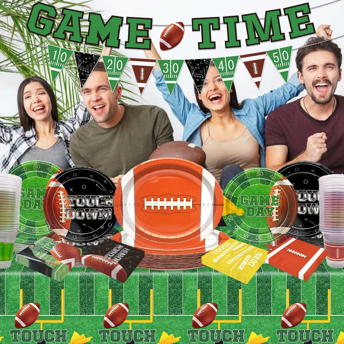 Yavxzvbw Football Party Plates Tablecloth Decor Supplies Green Birthday