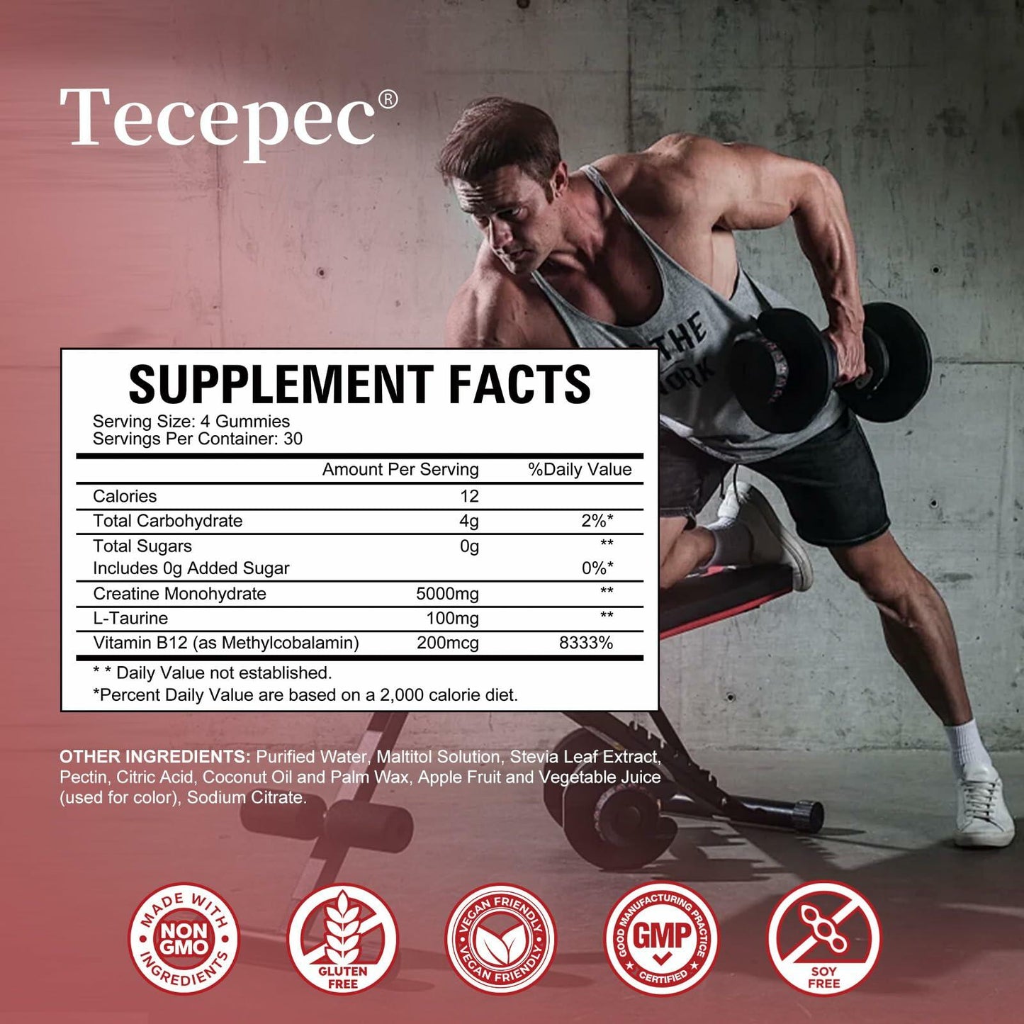 BestBy06/27 Tecepec Creatine Monohydrate Gummies 5000mg 120ct Apple B12 Taurine