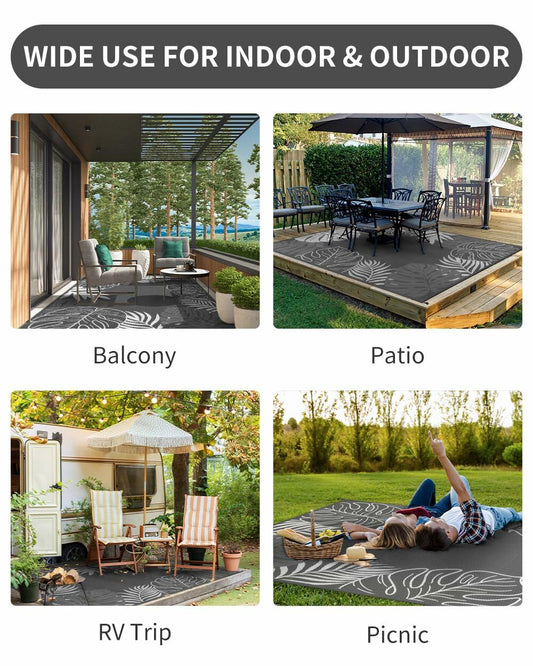 COCOER Tropical Outdoor Rug 6x9 LED Reversible Waterproof Patio Rug Greywhite