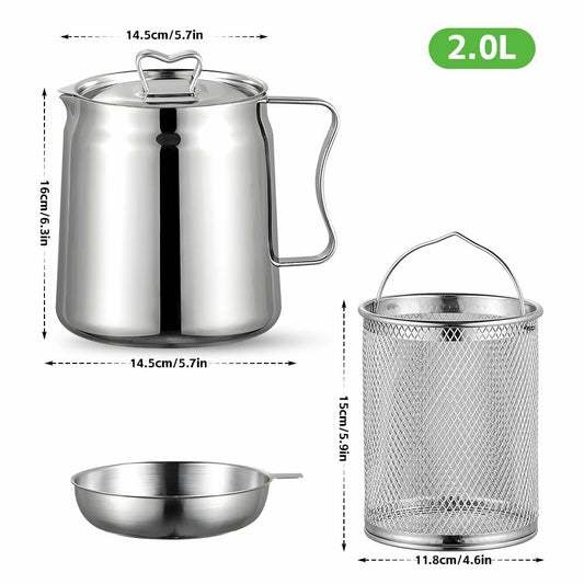 Jemey 2L Stainless Steel Oil Strainer Pot with Mesh Filter Tray & Lid Silver