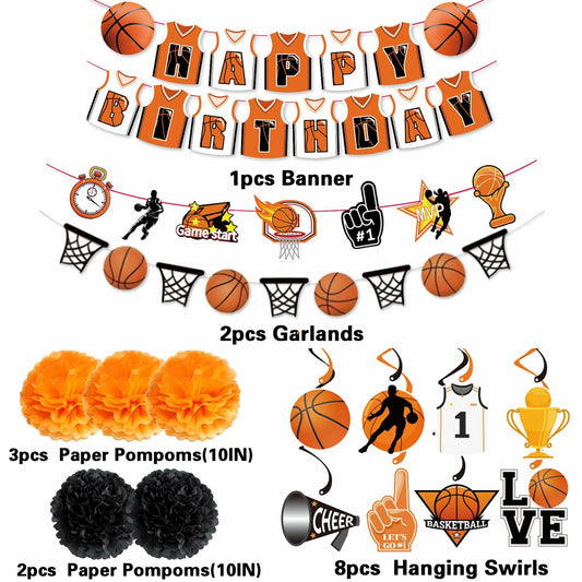 ChenjunCo Basketball Party Decorations Banner Garland Pom Poms Kids Birthday