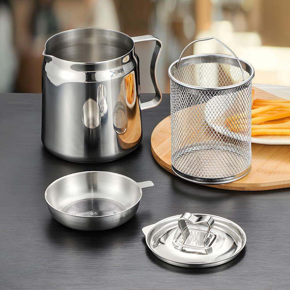 Jemey 2L Stainless Steel Oil Strainer Pot with Mesh Filter Tray & Lid Silver