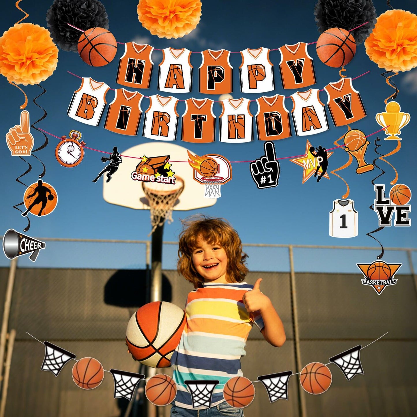 ChenjunCo Basketball Party Decorations Banner Garland Pom Poms Kids Birthday