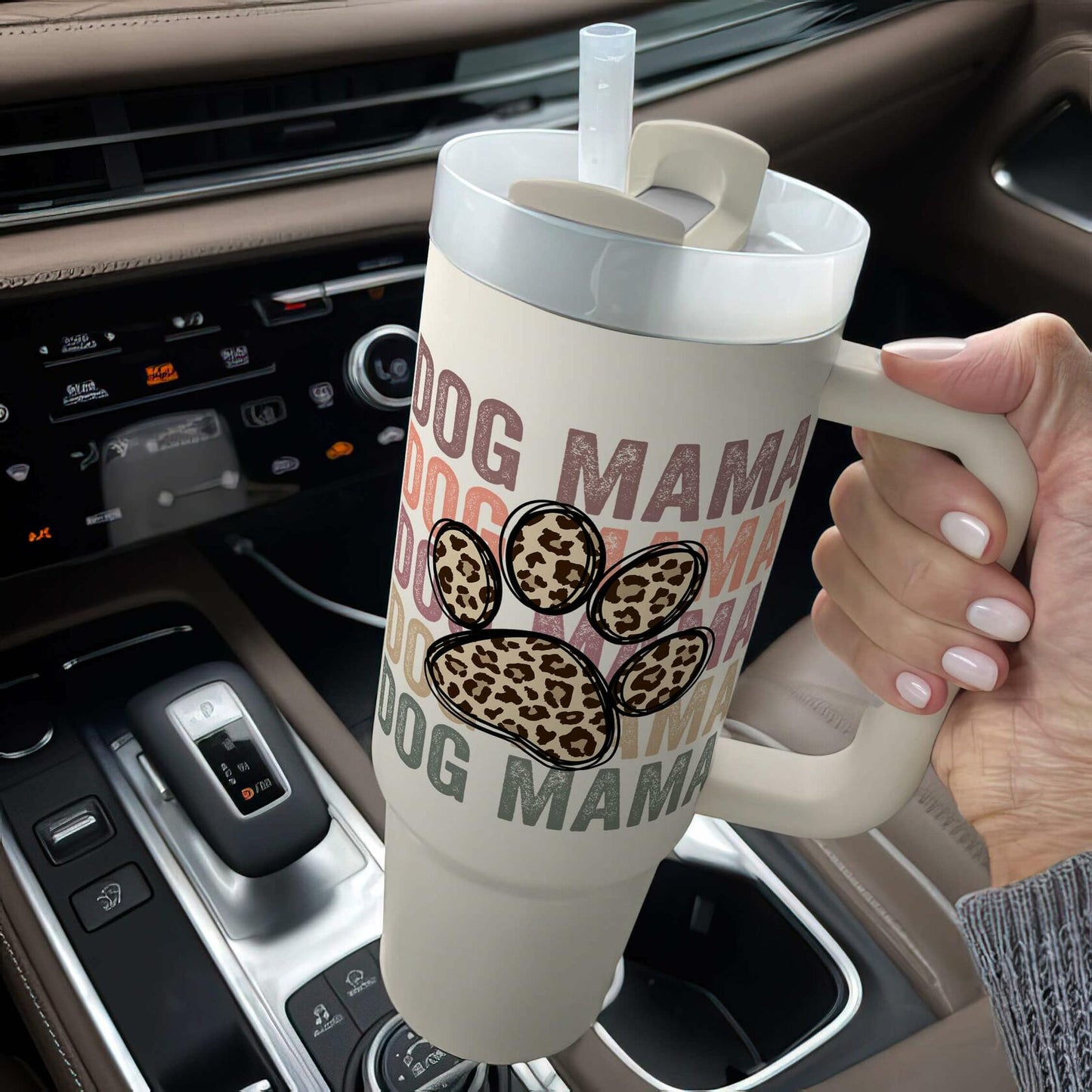 Fancyfams 40oz Stainless Steel Tumbler Dog Mama Handle Lid Straw Cream